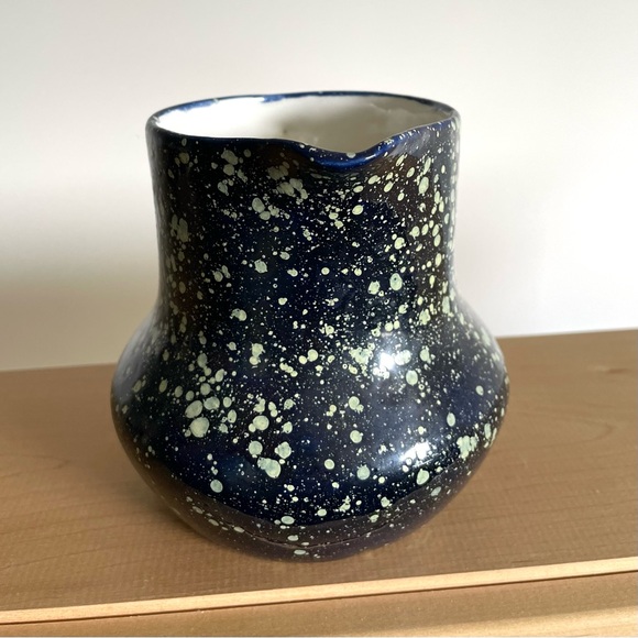 Vintage faience style enameled dark blue pottery jug green splatter farmhouse - Picture 2 of 10